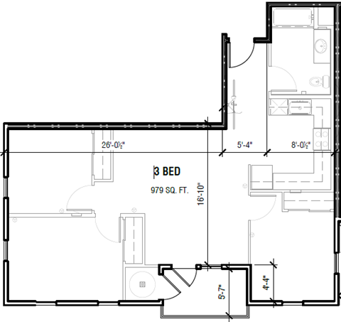 Floor plan for 3 beds, 1 bath, 900 sqft